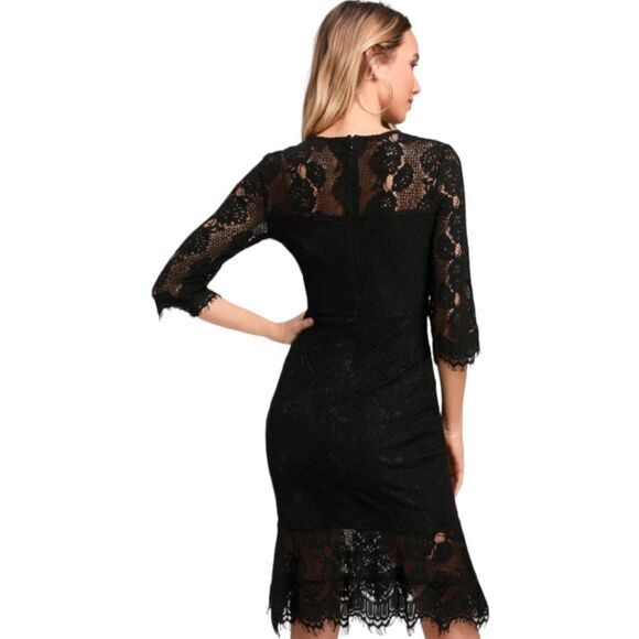 Lulu's -1210 NWT Dance With Me Black Lace Bodycon Midi Dress 3/4 Sleeves S‎ - Picture 6 of 14